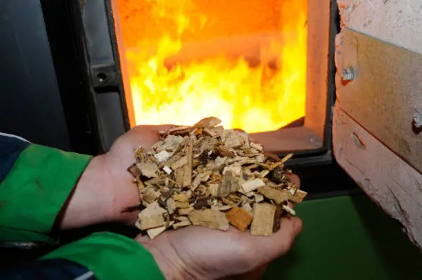 holding wood chips in hands, burning fire in oven in the back, heating with wood chips at home