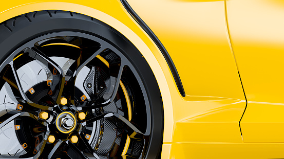 Yellow sport car Close-Up details side. Alloy wheel with brake disc and Black carbon fiber Calliper. 3D Render.