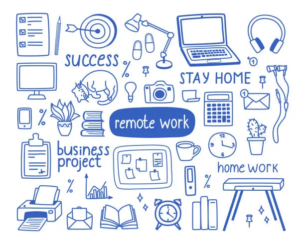 Vector illustration of Cute set of objects on the theme of working from home, the period of isolation.
