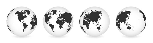 illustrazioni stock, clip art, cartoni animati e icone di tendenza di insieme di globi trasparenti della terra. mappa del mondo realistica a forma di globo con texture e ombra trasparenti. icona del globo 3d astratto - pianeti
