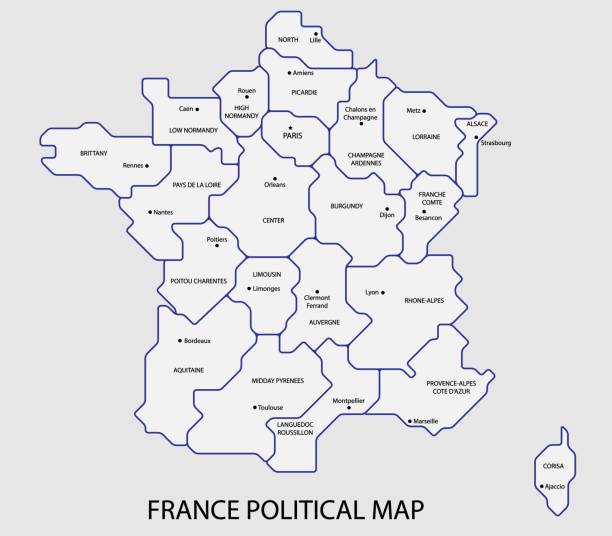 ilustrações de stock, clip art, desenhos animados e ícones de france political map divide by state colorful outline simplicity style. - france