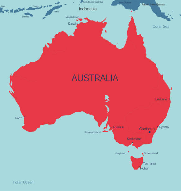 Australia continent vector map Australia continent vector map with cities. Vector editable illustration. Trending color scheme brisbane stock illustrations