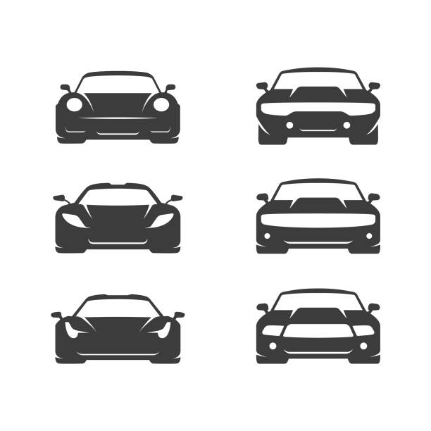 자동차 일러스트 세트. 흰색 배경의 플랫 벡터 아이콘 - sports car stock illustrations