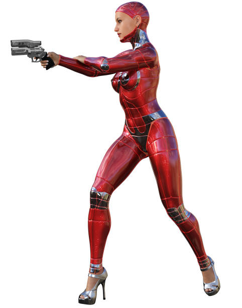 istock Cyborg woman Warrior with gun in a red suit, 3d illustration 1287624906