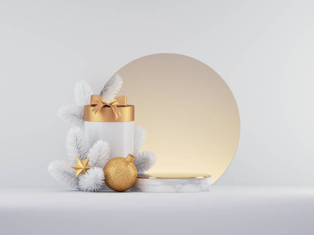 istock 3d render, Christmas minimal white gold background with round frame and empty podium decorated with spruce twig, gift box and ornaments. Festive showcase mockup for product presentation. 1287626580