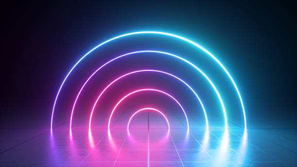 istock 3d render, abstract neon lines isolated on black background. Ultraviolet spectrum. Pink blue glowing rings, laser rays in the shape of arch with floor reflections. 1287627154