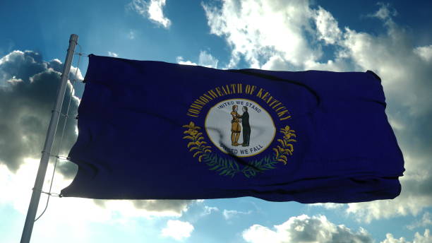 istock Kentucky flag on a flagpole waving in the wind, blue sky background. 3d rendering 1287628558