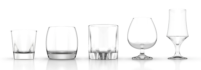 Set of whiskey glasses scotch bourbon isolated on white background high resolution 3d illustration. Collection