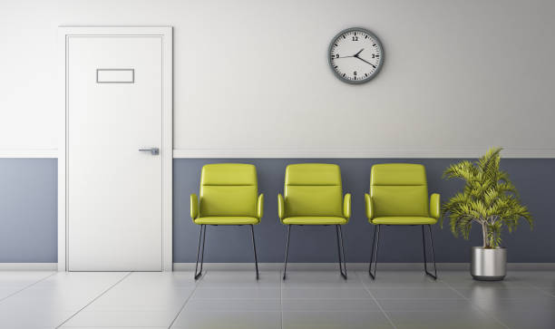 istock Modern hospital corridor with door and chairs. Waiting area. 3d rendering 1287630684