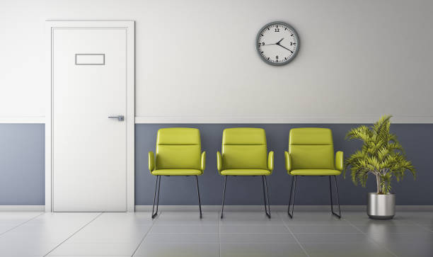 Modern hospital corridor with door and chairs. Waiting area. 3d rendering stock photo