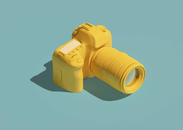 Yellow DSLR camera icon isometric view. 3d rendering stock photo