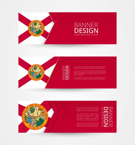 Vector illustration of Set of three horizontal banners with US state flag of Florida. Web banner design template in color of Florida flag.