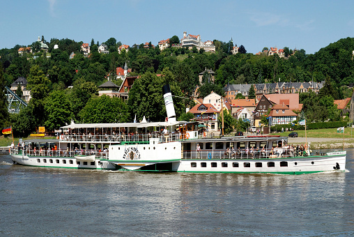 Historical paddle steamer with tourists on the river Elbe in Dresden with the Loschwitzer bridge in the background - Germany.