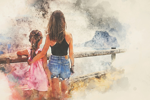 Digital watercolor image. Rear view mother hug daughter family traveling admiring nature views. Travel and tourism concept