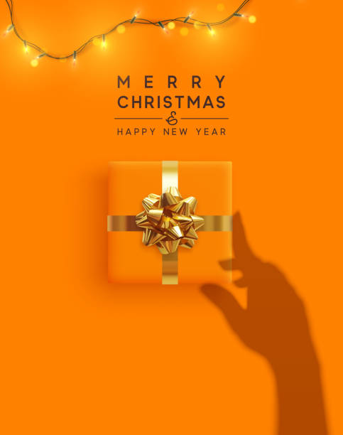 Merry Christmas and Happy New Year. Background with realistic gift box, bright christmas lights garland. Silhouette shadow from the hands holds Xmas presents. Creative getting card, holiday banner. Merry Christmas and Happy New Year. Background with realistic gift box, bright christmas lights garland. Silhouette shadow from the hands holds Xmas presents. Creative getting card, holiday banner. 2021 background stock illustrations