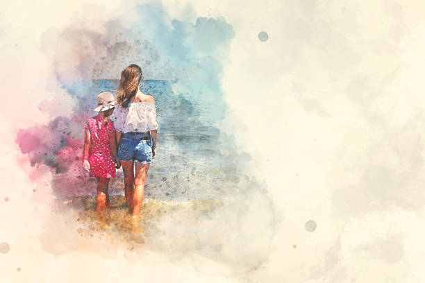 Digital watercolor image. Back rear view mother and little daughter holding hands standing in sea water looking into horizon, copy space for text. Family travel and summer vacation concept