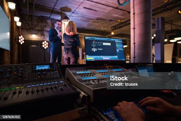 Business Conference Backstage Stock Photo - Download Image Now - Noise, Finance, Sound Recording Equipment