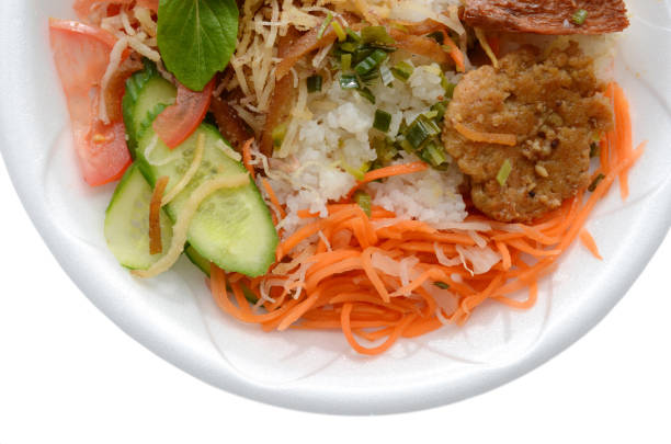 Vegetarian meal (com tam) rice plate, closeup