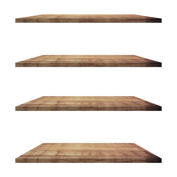 istock 4 Wood shelves table isolated on white background and display montage for product. 1287637090