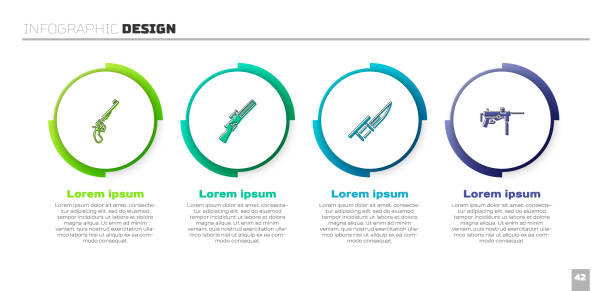 리볼버 총, 사냥, 소총과 기관단 m3에 바이오네트 설정. 비즈니스 인포그래픽 템플릿입니다. 벡터 - dagger military isolated bayonet stock illustrations