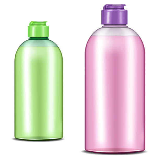 kolorowe plastikowe butelki z zakrętką z klapką wypełnioną płynem izolowanym na białym tle, realistyczna ilustracja wektorowa. zestaw kolorów. łatwe ponowne pokolorować - liquid soap purple isolated cosmetics stock illustrations