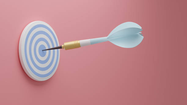 istock Light blue arrow and darts target aim on the pink background . 3d illustration. Render. Template for design, banner, flyer. 1287640238