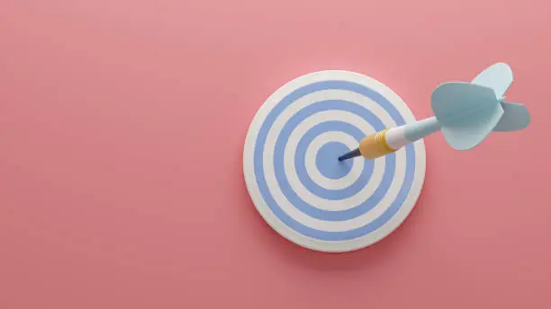 Light blue arrow and darts target aim on the pink background . 3d illustration. Render.Template for design, banner, flyer.
