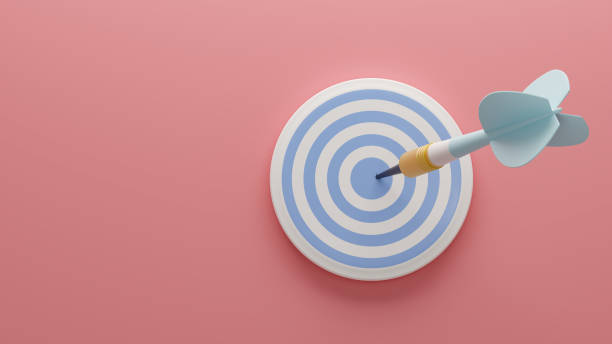 light blue arrow and darts target aim on the pink background . 3d illustration. render.template for design, banner, flyer. - dartboard imagens e fotografias de stock