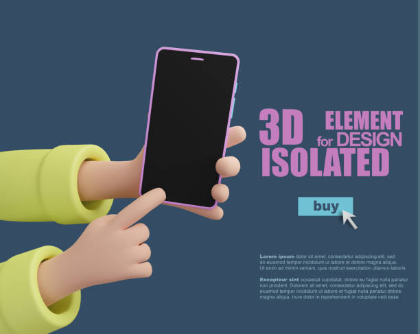 A cartoon 3D hands holding a mobile phone. Index finger presses smartphone screen. 3d illustration isolated on blue background. Render. Element for banner design, concept of communications in the internet, advertising unas manos 3d de dibujos animados sosteniendo un teléfono móvil. el dedo índice presiona la pantalla del teléfono inteligente. ilustración 3d aislada sobre fondo azul. render. o para el diseño de banners, concepto de comunicaciones en internet