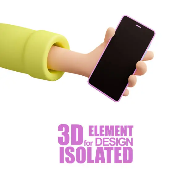 Photo of A cartoon 3D hand, holding a mobile phone.  3d illustration isolated on white background. Render. Element for banner design, concept of communications in the internet, advertising