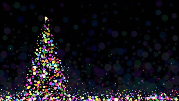 Vector illustration of Magical illuminated Christmas tree made from rainbow dreamy lights on dark background. Magic fairy dust, sparkle stardust.