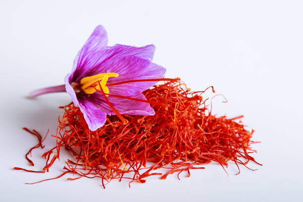 istock Fresh saffron flower on a pile of saffron threads on a white background. 1287643308
