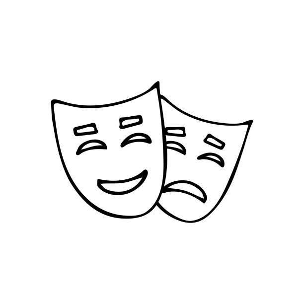 ilustraciones, imágenes clip art, dibujos animados e iconos de stock de la comedia doodle y el icono de las máscaras de teatro dramático. comedia dibujada a mano y máscara de teatro de drama. - teatro de pantomima británico