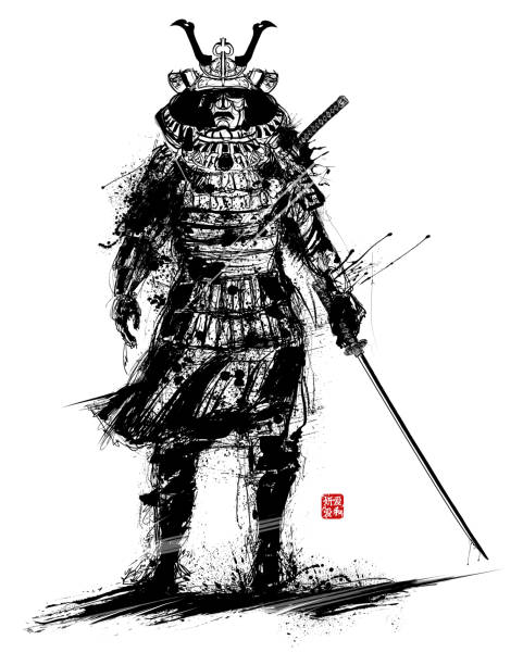 Samurai with sword Samurai with sword - vector illustration Meaning of the characters in the red stamp : beauty love harmonie samurai stock illustrations