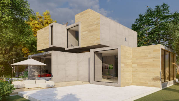 Concrete and wood cubic house exterior