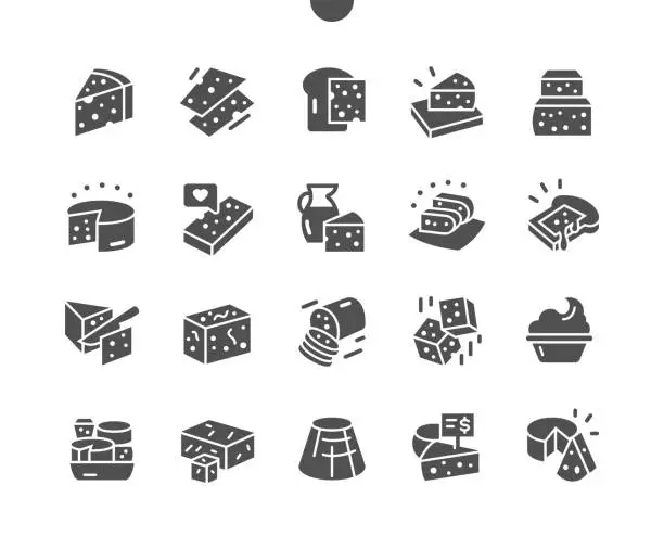 Vector illustration of Different sorts of cheese. Feta, cheddar, gouda, mascarpone. Food shop, supermarket. Menu for restaurant and cafe. Vector Solid Icons. Simple Pictogram