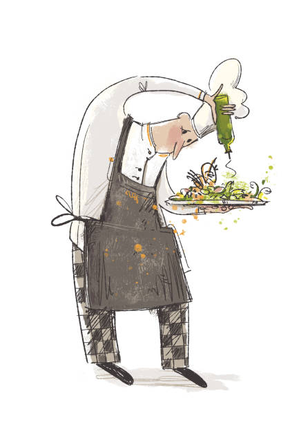 istock Professions. sketch of a chef sprinkling salad dish with olive oill illustration 1287650141
