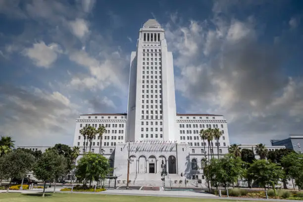 Morning view of the historic Los Angeles city hall building Spring Street entrance in Southern California.
