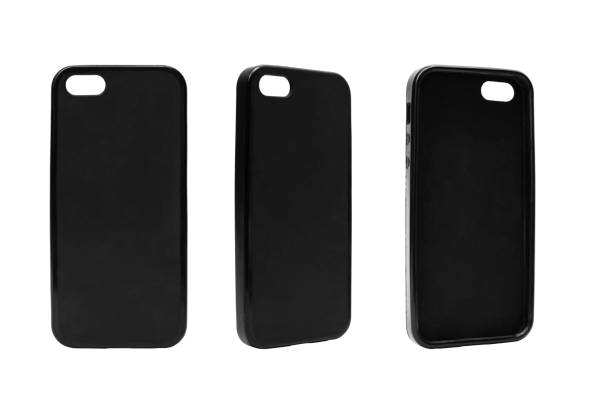 istock Plastic back cover for mobile phone isolated on white background. Different angles of smart phone protector case. Silicone phone backs 1287652178
