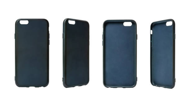 istock Plastic blue cover for mobile phone isolated on white background. Different angles of smart phone protector case. Silicone phone backs 1287652234