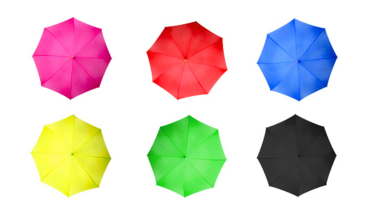 Set of multicolor umbrellas isolated on white background. Top view of classic form of colorful umbrella