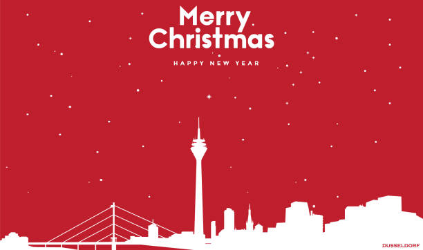 stockillustraties, clipart, cartoons en iconen met marry kerstmis en gelukkig nieuwe jaar rode wenskaart met wit stadsgezicht van düsseldorf - dusseldorf