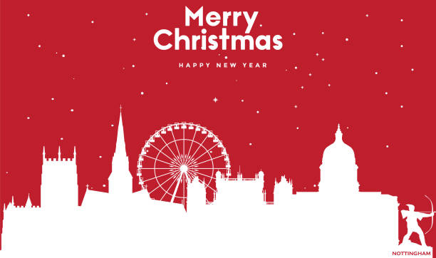 Marry Christmas and Happy new year red greeting card with white cityscape of Nottingham vector illustration of Marry Christmas and Happy new year red greeting card with white cityscape of Nottingham nottingham stock illustrations