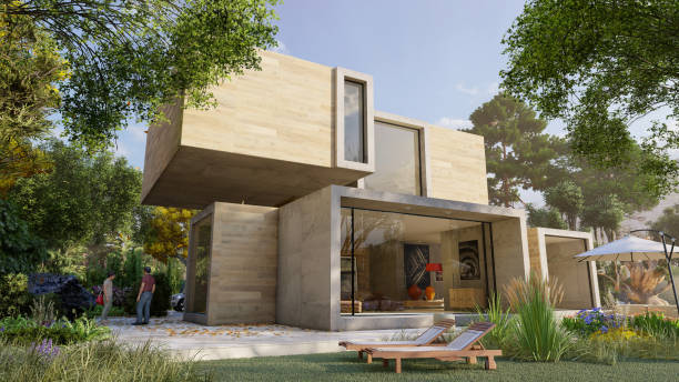 istock Concrete and wood modern house with garden 1287660434