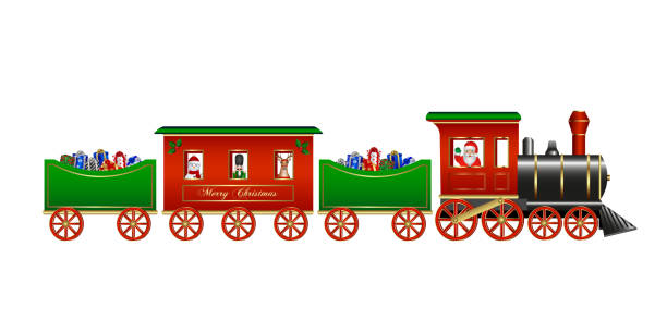 ilustraciones, imágenes clip art, dibujos animados e iconos de stock de juguetes navideños tren aislado con cajas de regalo de santa claus y personajes navideños - tren miniatura