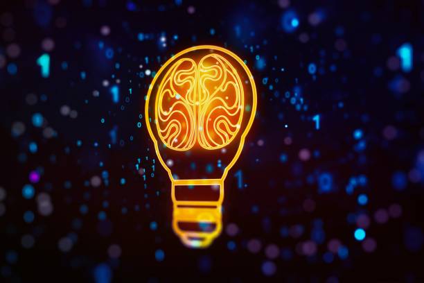 istock Abstract virtual idea concept with light bulb and human brain illustration on blue background. Neural networks and machine learning concept. 3D Rendering 1287662088