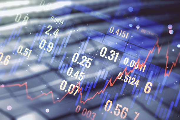 istock Abstract virtual financial graph hologram on blurry abstract metal background, forex and investment concept. Multiexposure 1287662200