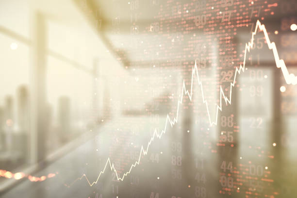 Double exposure of abstract creative financial diagram and world map on empty room interior background, banking and accounting concept