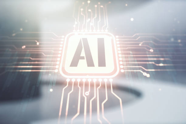 istock Abstract virtual artificial Intelligence symbol hologram on empty corporate office background. Multiexposure 1287662954