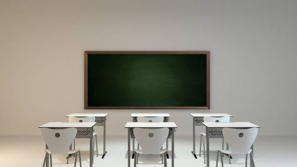 istock empty modern classroom concept with white wooden desk, chair and green board 3D rendering 1287663546